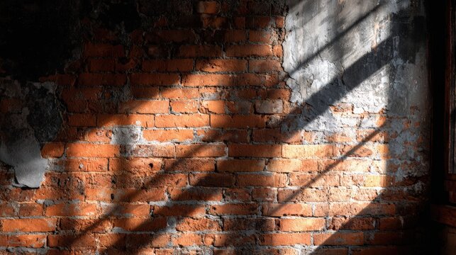 Sunlight casting shadows on a weathered brick wall creating a dramatic textured pattern in an industrial setting - Powered by Adobe