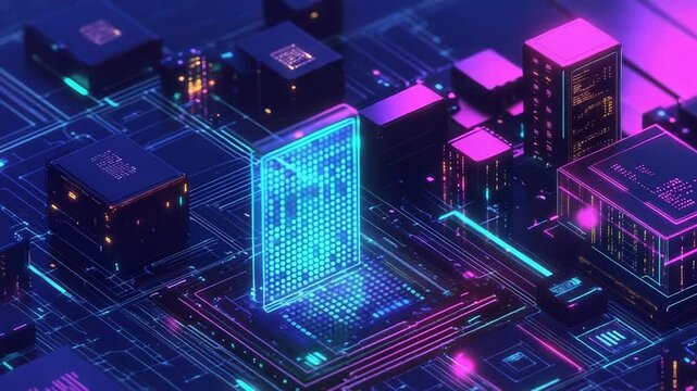 Futuristic cpu cooling down, generating digital cityscape on motherboard