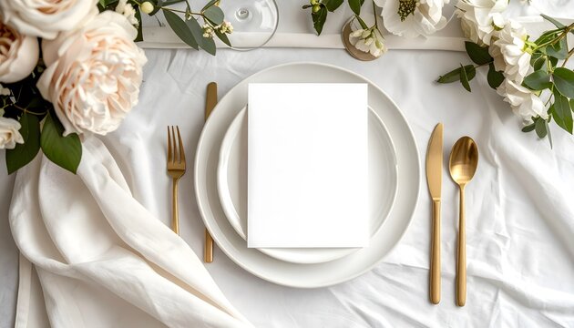 Mesa rom&aacute;ntica con vajilla blanca y cubiertos dorados decorada con flores