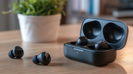 Wireless earbuds paired with a smartphone or tablet