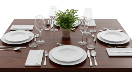 Elegant dining table setting isolated on transparent, background