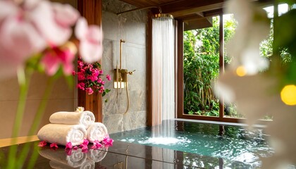 Luxurious outdoor spa bathroom with waterfall shower