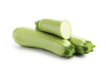 Fresh whole and cut zucchinis isolated on white