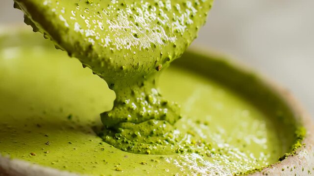 Green homemade pistachio paste pouring down close up