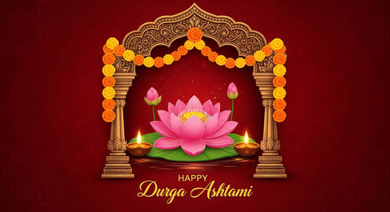 Decorative archway with lotus flower and lamps for durga ashtami celebration isolated on white background isolated on transparent background silhouette
