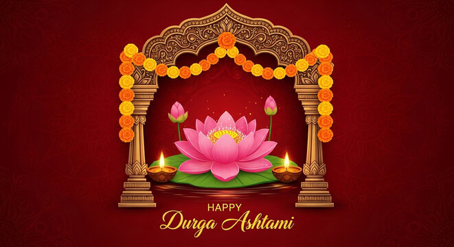 Decorative archway with lotus flower and lamps for durga ashtami celebration isolated on white background isolated on transparent background silhouette
