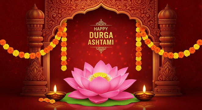 Happy durga ashtami festival greeting with lotus flower and diyas isolated on white background isolated on transparent background silhouette - Powered by Adobe