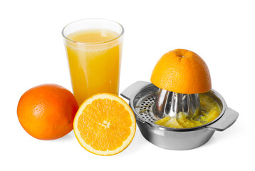 Freshly squeezed orange juice, fruits and juicer isolated on white