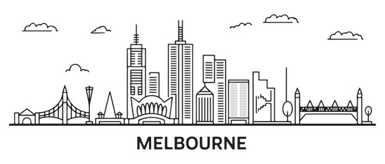 Naklejka premium Melbourne Line Art skyline. Travel Melbourne famous landmarks. Business and tourism concept for presentation, banner, web site. with white background