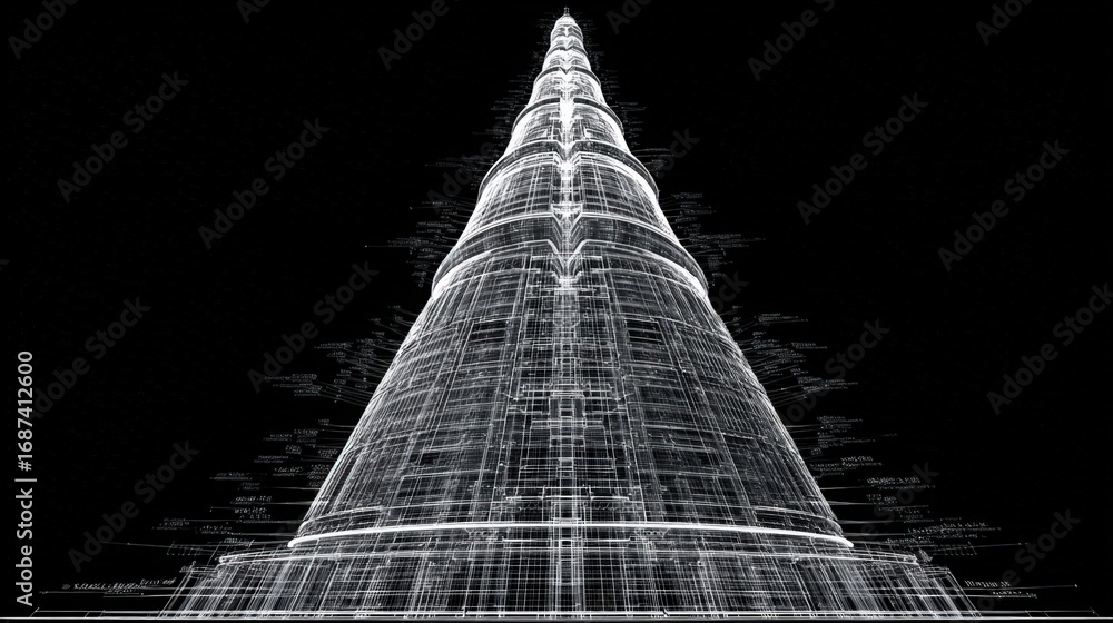 Poster abstract futuristic lighting sculpture resembling a tall tower illuminated with intricate grid patte