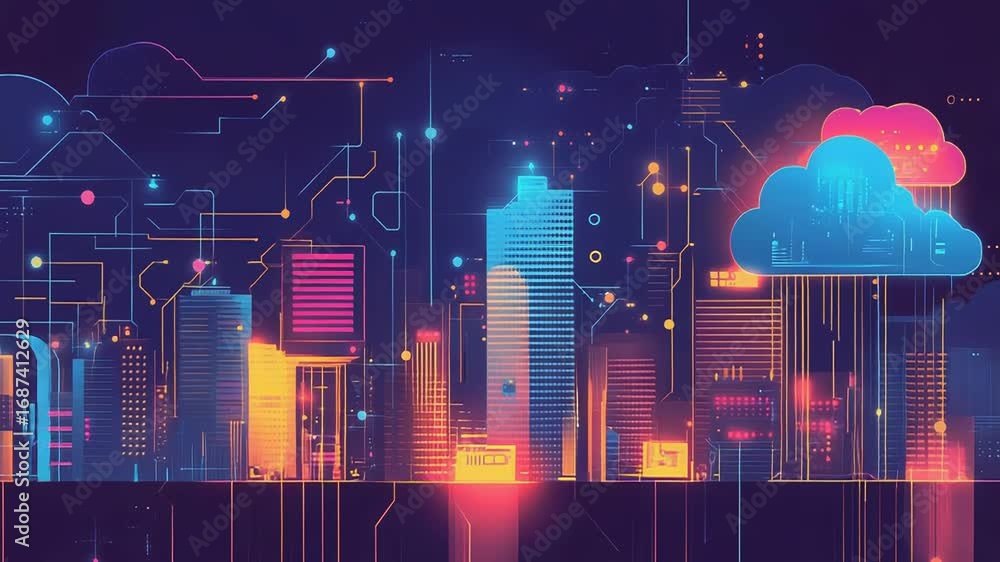 Aufkleber cloud computing network connecting colorful buildings in smart city