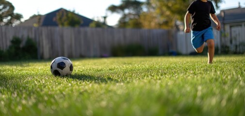 The child playing soccer in a sunlit backyard on a summer afternoon.