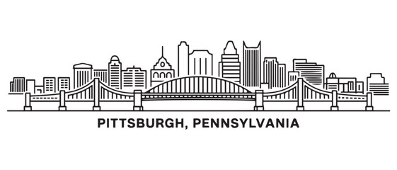 Naklejka premium Pittsburgh Line Art skyline horizontal banner. Black Pittsburgh, Pennsylvania. Vector template for your design. with white background