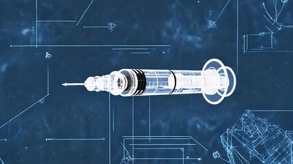 Futuristic syringe floating over blue background with digital grid - Powered by Adobe
