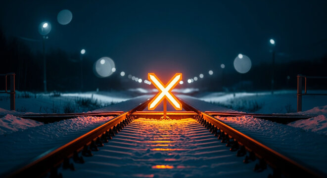 Railway tracks crossing at night with a glowing orange x sign, surrounded by snow and blurred lights