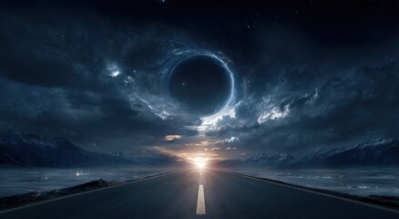 Cosmic road through a stormy sky.  Vast road stretches into a dark, star-studded night, with a black hole ringed by luminous nebula above.  Sunrise peeks through clouds over distant mountains