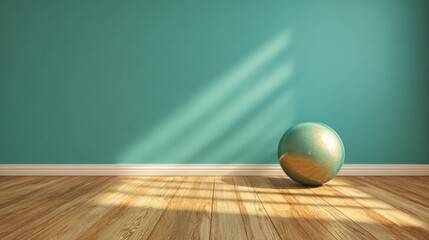 Minimalist room with a single metallic sphere placed on a wooden floor against a teal wall with soft natural light shadows