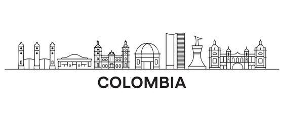 Fototapeta premium Colombia Line Art skyline. Travel Colombia famous landmarks. Business and tourism concept for presentation, banner, web site. with white background