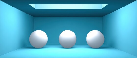 Modern minimalist design with three white spheres in a futuristic blue-lit room with geometric shapes and clean architectural style