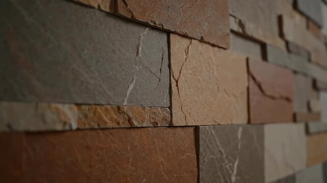 Close-up of a textured wall with rectangular tiles in natural stone-look, featuring varied shades of brown, gray, and beige for a rustic decorative background.