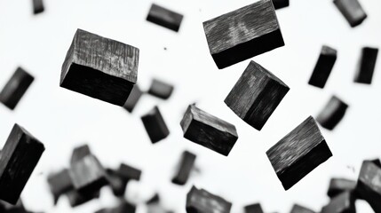 Abstract monochrome image featuring a dynamic arrangement of floating wooden cubes