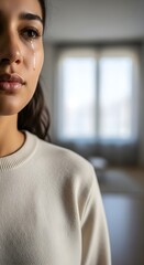 A young woman cries silently, a single tear tracing her cheek, her expression reflecting sadness and vulnerability.