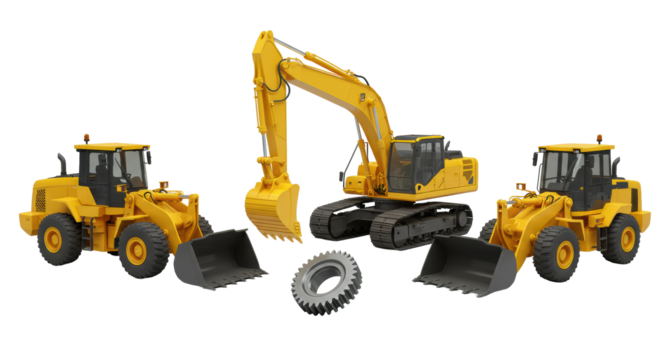 Three pristine, vibrant yellow construction vehicles (wheel loader, excavator, backhoe loader) with a steel gear, symmetrically arranged on a transparent studio background. Engineering precision - Powered by Adobe