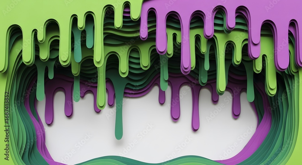 Poster vibrant green and purple layers drip down creating astunning abstract artwork with intricate details