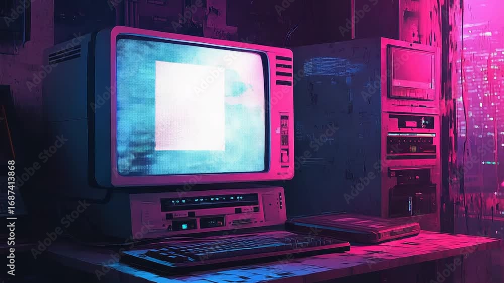 Poster vintage computer displaying blank screen in cyberpunk setting