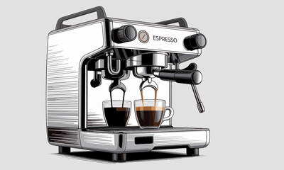Elegant espresso machine pouring fresh coffee into cups, modern kitchen appliance, caffeine boost