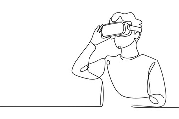 Person wearing virtual reality headset in continuous line drawing style