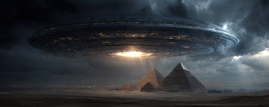 A colossal, dark, disc-shaped spacecraft hovers over ancient pyramids in a dramatic desert landscape, ominous clouds gathering overhead
