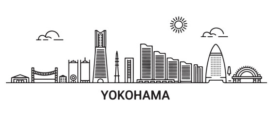 Fototapeta premium Yokohama Line Art skyline. Travel Yokohama famous landmarks. Business and tourism concept for presentation, banner, web site. with white background
