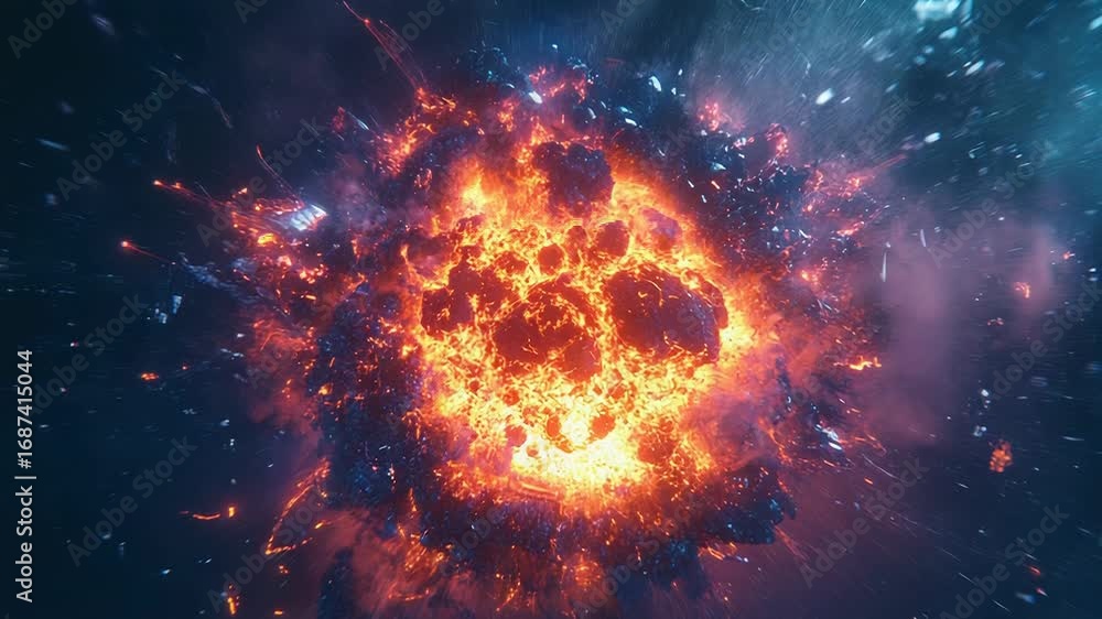 Poster fiery explosion creating shockwave with debris expanding in space