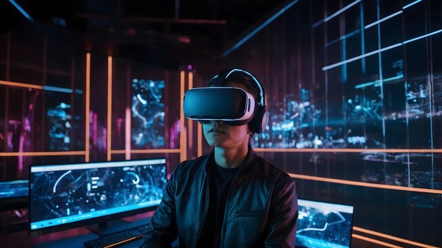 Joven con gafas de realidad virtual en sala tecnol&oacute;gica con pantallas futuristas