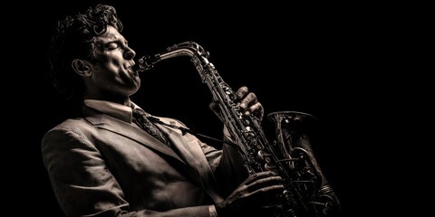 The saxophonist passionately plays jazz in an elegant performance setting