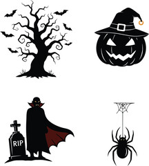 Halloween Night Illustration with Spooky Tree Bats Pumpkin Vampire and Spider Web Silhouettes for Seasonal Celebration and Creepy Decorations Featuring Traditional Holiday Symbols
