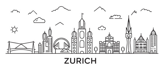 Obraz premium Zurich Line Art skyline. Travel Zurich famous landmarks. Business and tourism concept for presentation, banner, web site. with white background