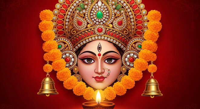 Devi durga face adorned with flowers and bells isolated on white background isolated on transparent background silhouette