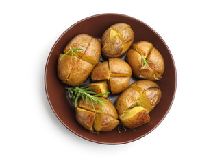 Tasty baked potatoes with rosemary isolated on white, top view