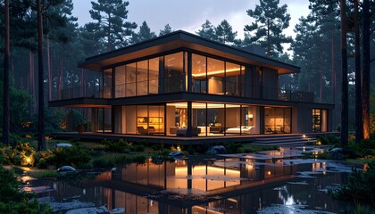 Obraz premium Villa moderna de lujo con grandes ventanales y reflejo en lago al anochecer