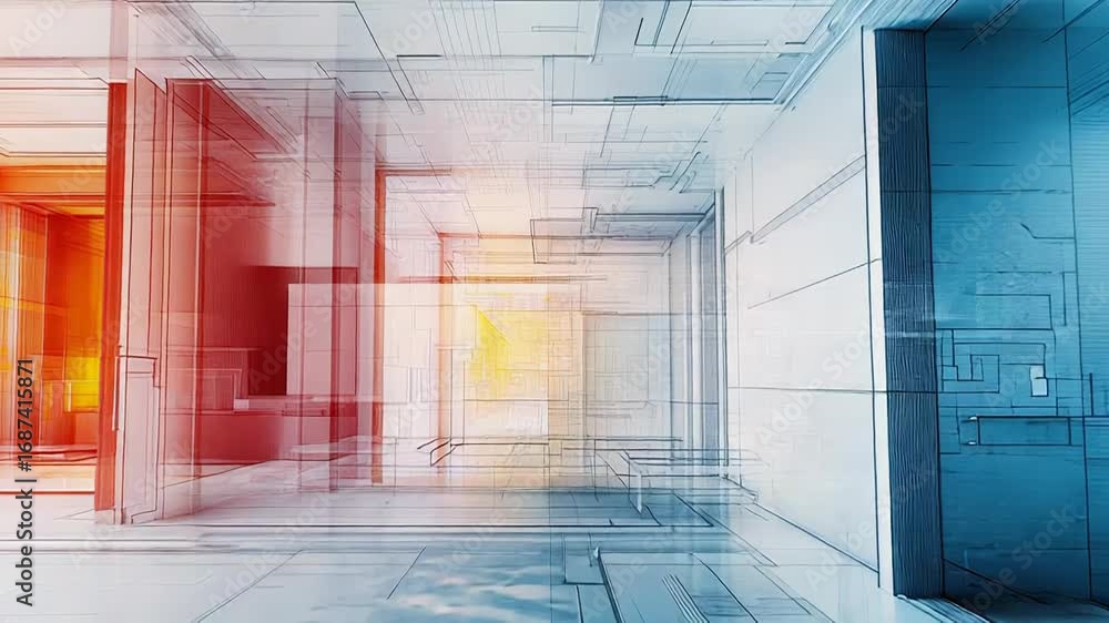Poster abstract architectural wireframe structure creating futuristic corridor with warm and cool lighting