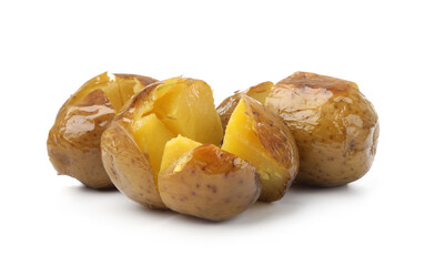 Many tasty baked potatoes isolated on white