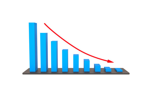 Blue bar chart with red arrow shows downward, reduction, crisis, risk. Recession, decreased business, symbol, graph, presentation, report, financial. 3D illustration