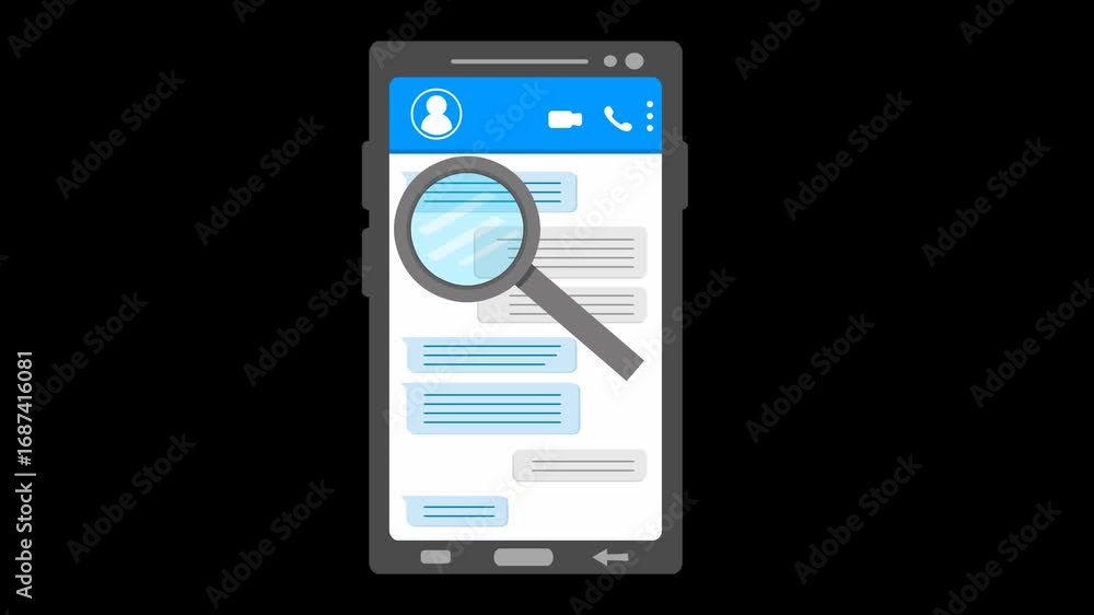 Poster video animation chat speech bubble, a magnifying glass and mobile phone device in concept of searchi