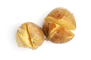 Tasty baked potatoes isolated on white, top view