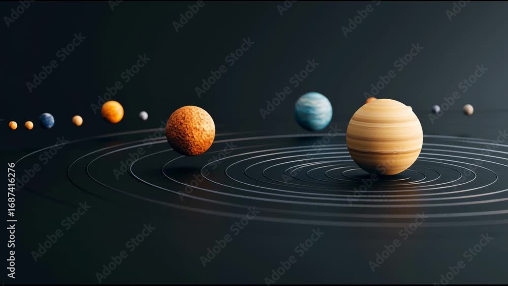 Poster minimalist animation of colorful planets rotating around a central star, showcasing a hypothetical s