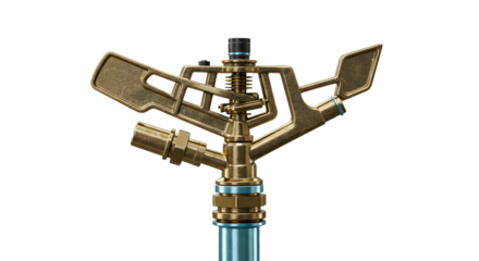 FARMING - Close-up of brass garden sprinkler head on blue pipe for irrigation, perfect for garden and lawn watering
