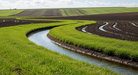 Naklejka premium Medium shot focusing on a channel drainage system lined with grass guiding surface water off farm fields to improve land condition and crop health.