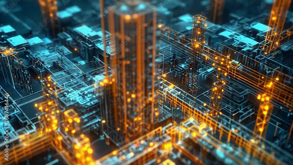 Poster futuristic circuitry creating complex technological landscape